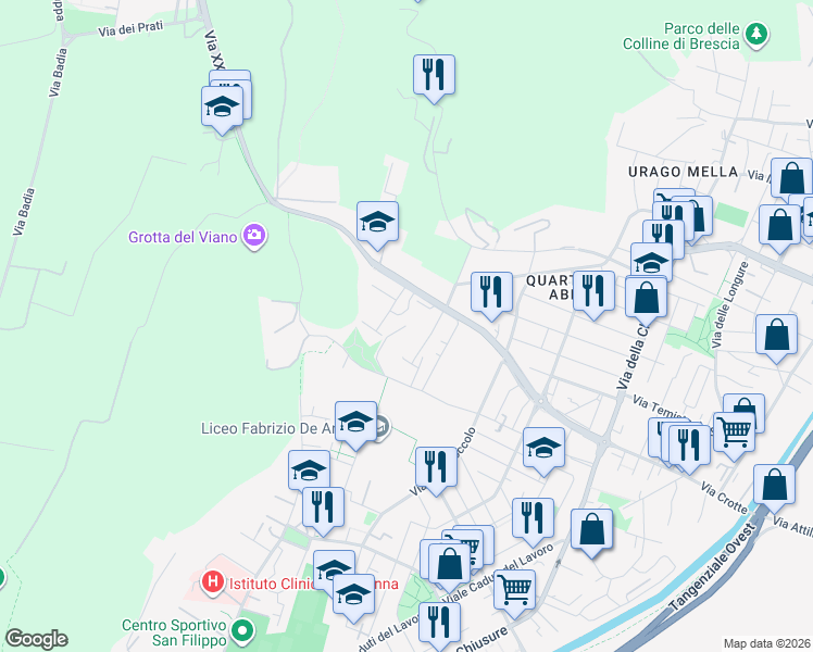 map of restaurants, bars, coffee shops, grocery stores, and more near 90 Via Torricella di Sotto in Brescia