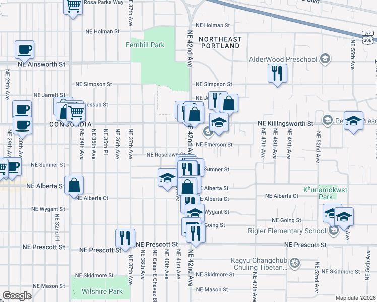 map of restaurants, bars, coffee shops, grocery stores, and more near 5245 Northeast 42nd Avenue in Portland