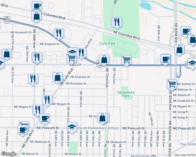 map of restaurants, bars, coffee shops, grocery stores, and more near 7030 Northeast Emerson Street in Portland