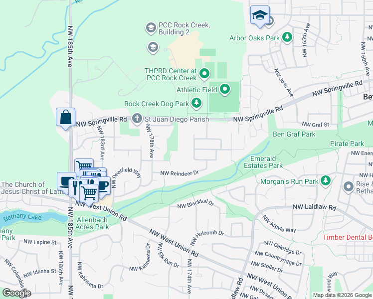 map of restaurants, bars, coffee shops, grocery stores, and more near 5769 Northwest 174th Avenue in Portland