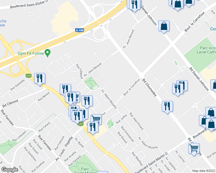 map of restaurants, bars, coffee shops, grocery stores, and more near 2153 Avenue Albert-Murphy in Laval