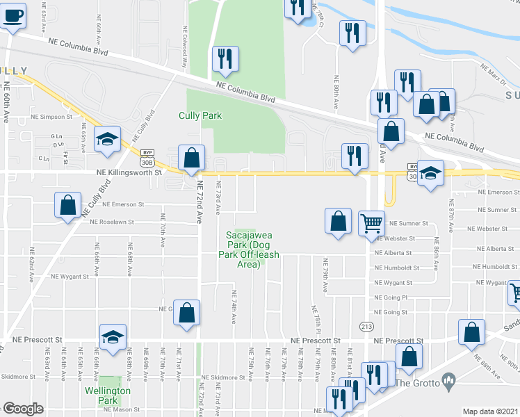 map of restaurants, bars, coffee shops, grocery stores, and more near 5256 Northeast 75th Avenue in Portland