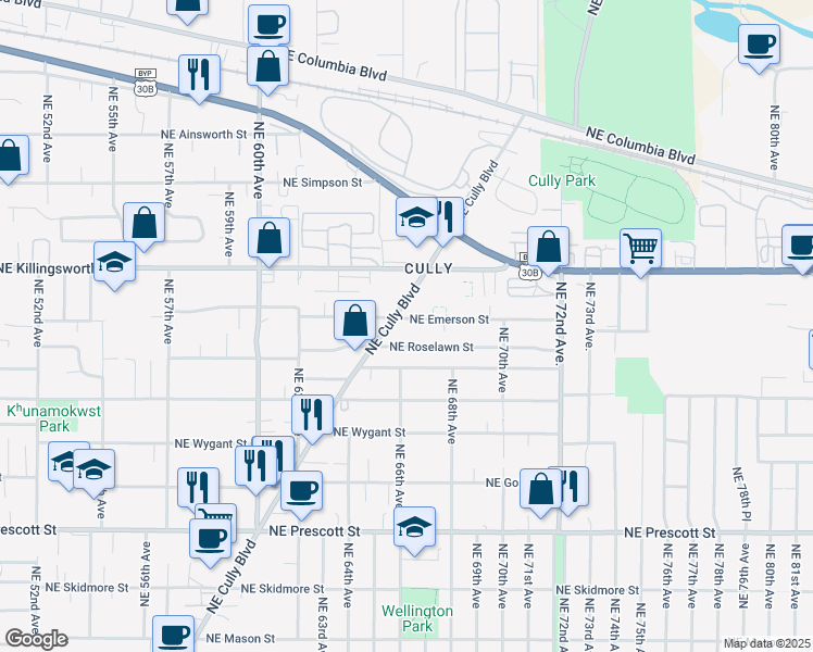 map of restaurants, bars, coffee shops, grocery stores, and more near 6604 Northeast Emerson Street in Portland