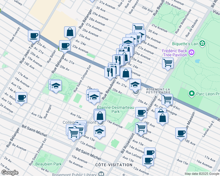 map of restaurants, bars, coffee shops, grocery stores, and more near 20e Avenue in Montréal