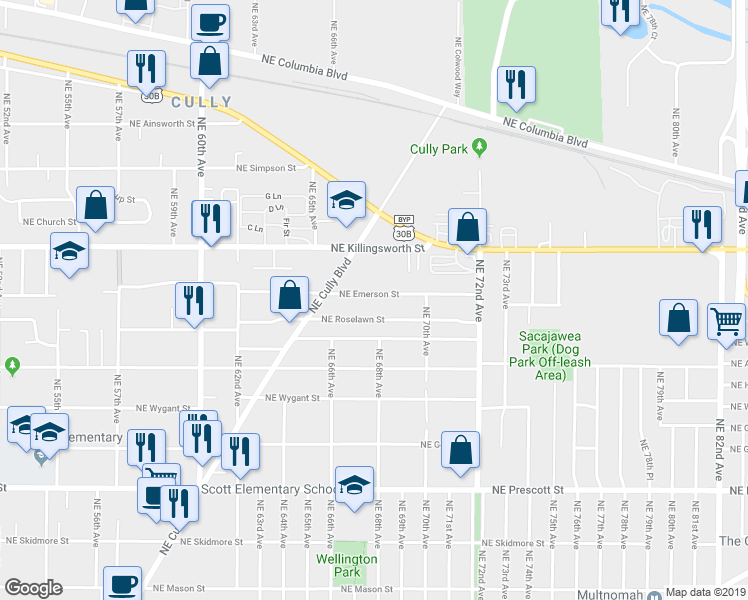 map of restaurants, bars, coffee shops, grocery stores, and more near 6750 Northeast Emerson Street in Portland