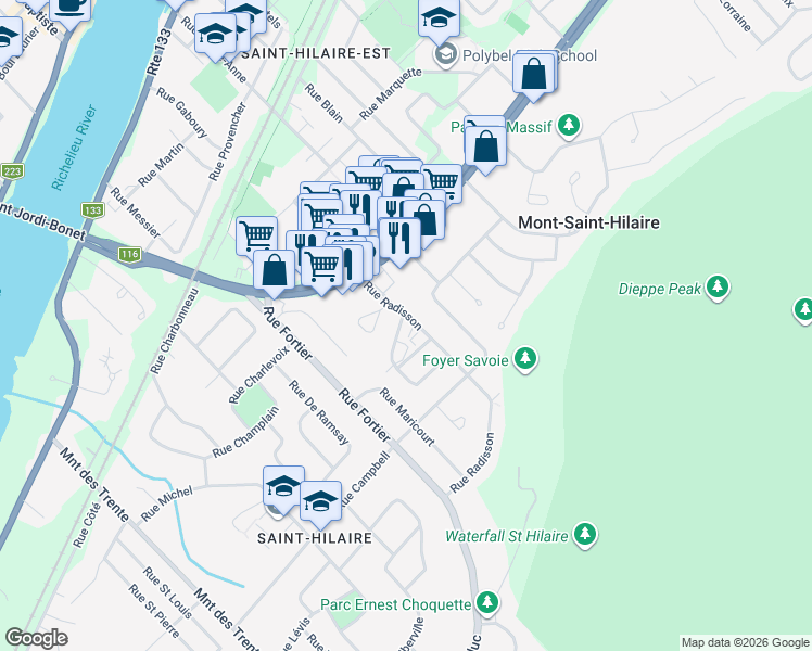 map of restaurants, bars, coffee shops, grocery stores, and more near 285 Rue Pineault in Mont-Saint-Hilaire