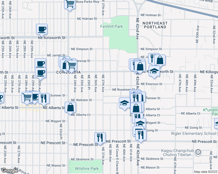 map of restaurants, bars, coffee shops, grocery stores, and more near 3715 Northeast Roselawn Street in Portland