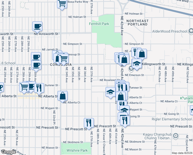 map of restaurants, bars, coffee shops, grocery stores, and more near 3715 Northeast Roselawn Street in Portland