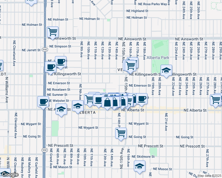 map of restaurants, bars, coffee shops, grocery stores, and more near 1328 Northeast Roselawn Street in Portland