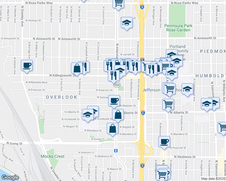 map of restaurants, bars, coffee shops, grocery stores, and more near in Portland