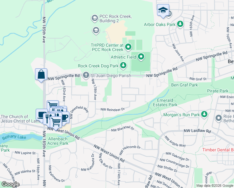 map of restaurants, bars, coffee shops, grocery stores, and more near 5769 Northwest 174th Avenue in Portland