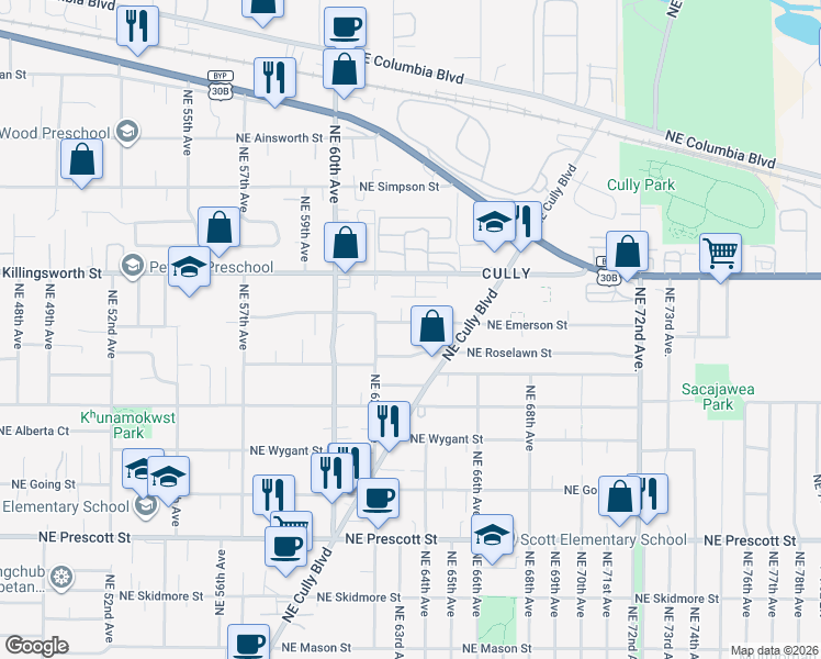 map of restaurants, bars, coffee shops, grocery stores, and more near 6316 Northeast Emerson Street in Portland