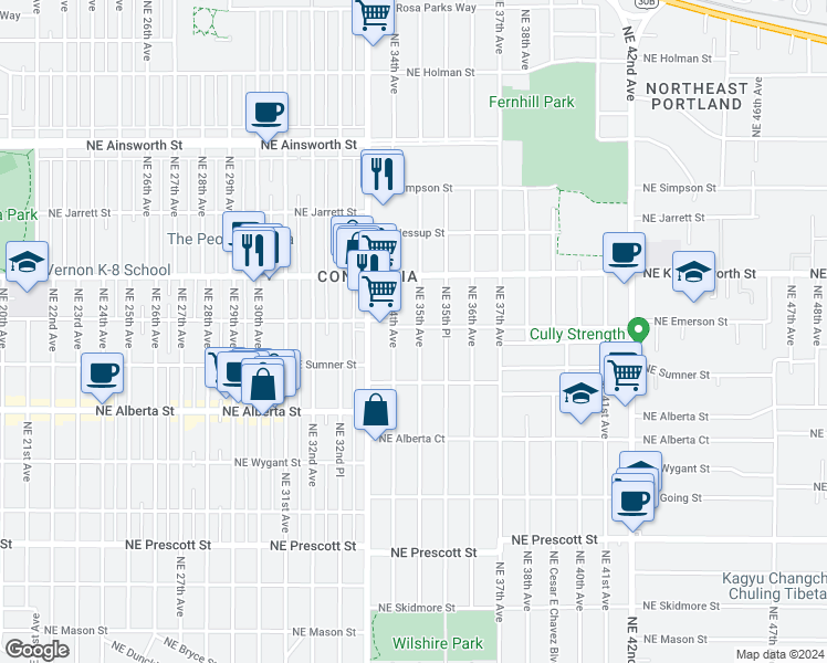 map of restaurants, bars, coffee shops, grocery stores, and more near 5247 Northeast 35th Avenue in Portland