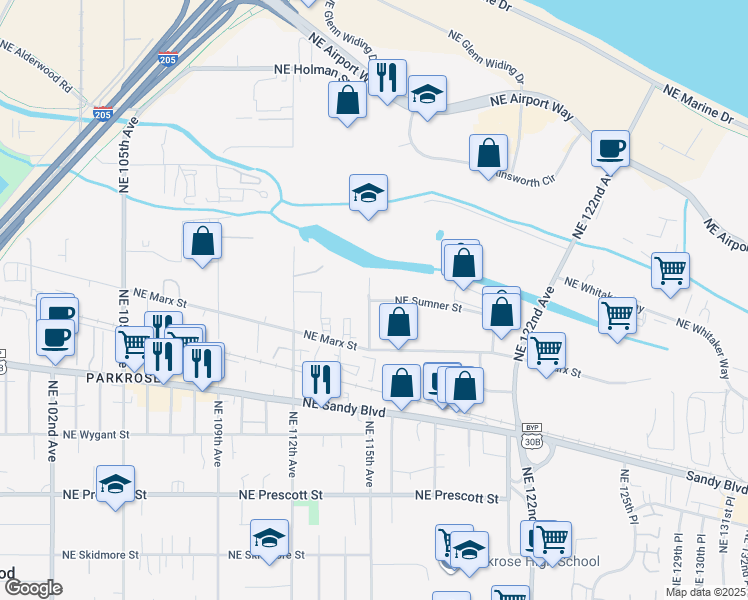 map of restaurants, bars, coffee shops, grocery stores, and more near 5150-5296 NE 115th Ave in Portland