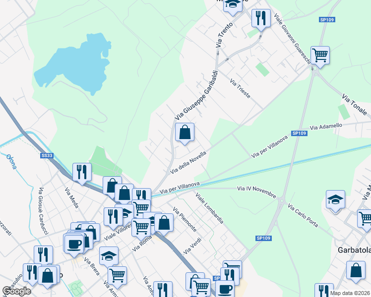 map of restaurants, bars, coffee shops, grocery stores, and more near 140 Via Giuseppe Garibaldi in Nerviano