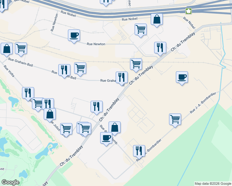 map of restaurants, bars, coffee shops, grocery stores, and more near 135 Chemin du Tremblay in Boucherville