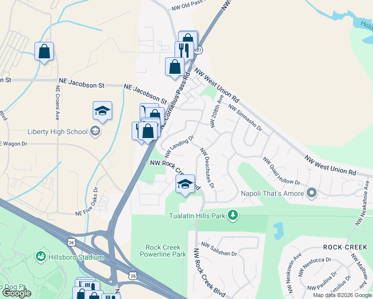 map of restaurants, bars, coffee shops, grocery stores, and more near 21193 Northwest Wapinitia Lane in Portland
