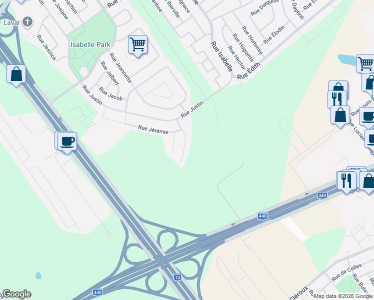 map of restaurants, bars, coffee shops, grocery stores, and more near 291 Rue Jasmine in Laval
