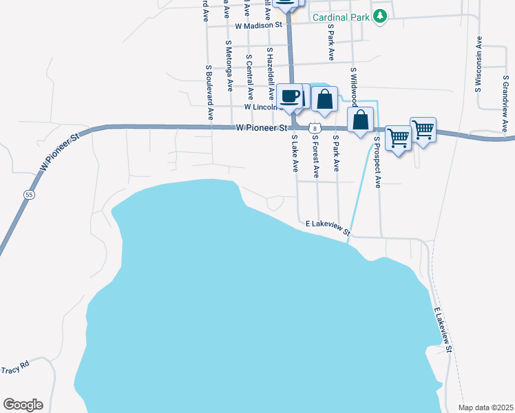 map of restaurants, bars, coffee shops, grocery stores, and more near 109 West Lakeview Street in Crandon