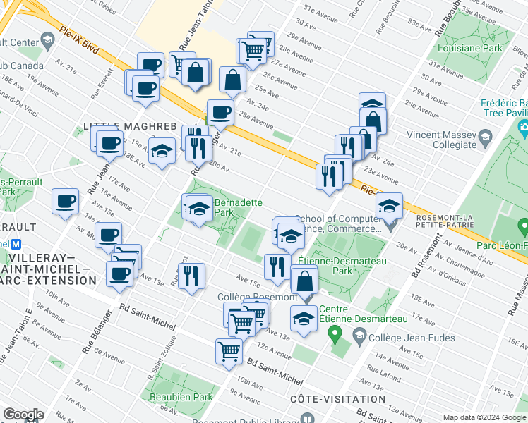 map of restaurants, bars, coffee shops, grocery stores, and more near 6682 19e Avenue in Montréal
