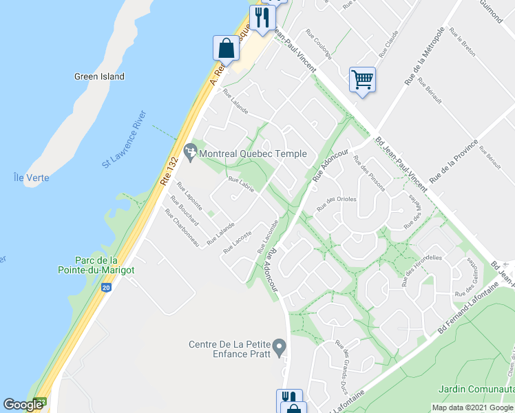 map of restaurants, bars, coffee shops, grocery stores, and more near 505 Rue Lalande in Longueuil
