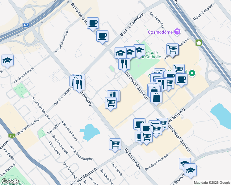 map of restaurants, bars, coffee shops, grocery stores, and more near 3760 Boulevard de Chenonceau in Laval