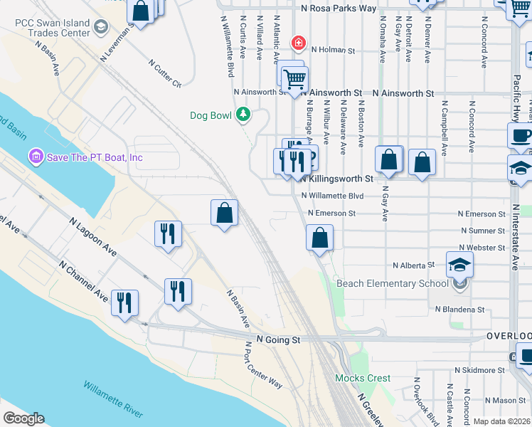 map of restaurants, bars, coffee shops, grocery stores, and more near 5239 North Emerson Drive in Portland