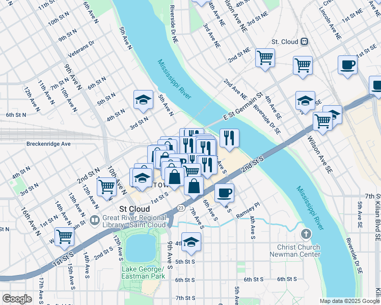 map of restaurants, bars, coffee shops, grocery stores, and more near 6 5th Avenue South in St. Cloud