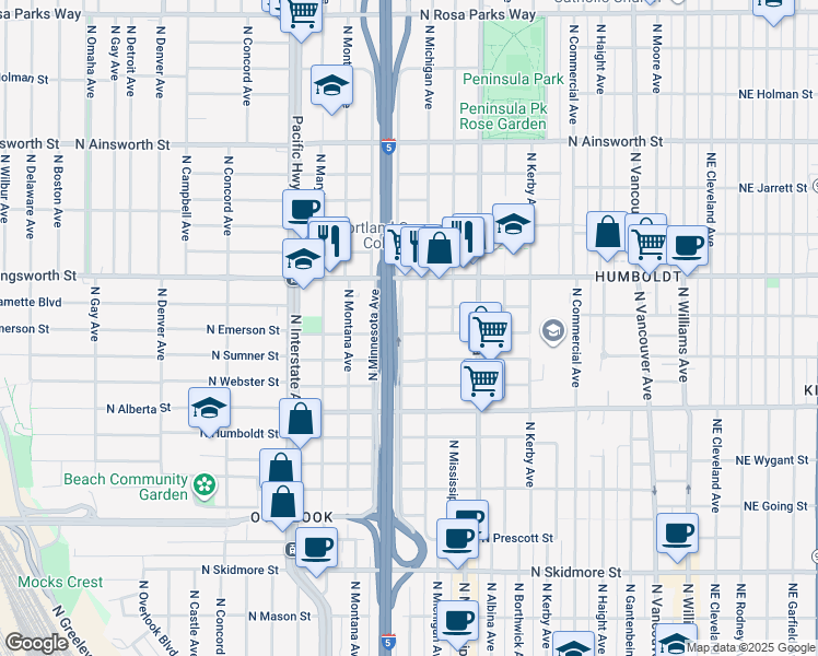 map of restaurants, bars, coffee shops, grocery stores, and more near 1033 North Sumner Street in Portland