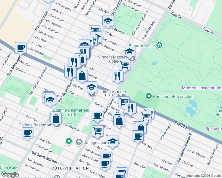 map of restaurants, bars, coffee shops, grocery stores, and more near 5925 Boulevard Pie-IX in Montréal