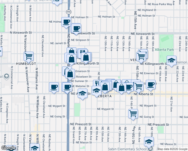 map of restaurants, bars, coffee shops, grocery stores, and more near 837 Northeast Roselawn Street in Portland