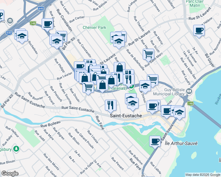 map of restaurants, bars, coffee shops, grocery stores, and more near 255 Boulevard Arthur-Sauvé in Saint-Eustache