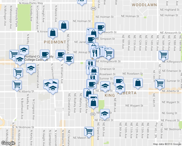 map of restaurants, bars, coffee shops, grocery stores, and more near 5232 Northeast Garfield Avenue in Portland