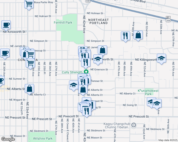 map of restaurants, bars, coffee shops, grocery stores, and more near 5254 Northeast 43rd Avenue in Portland