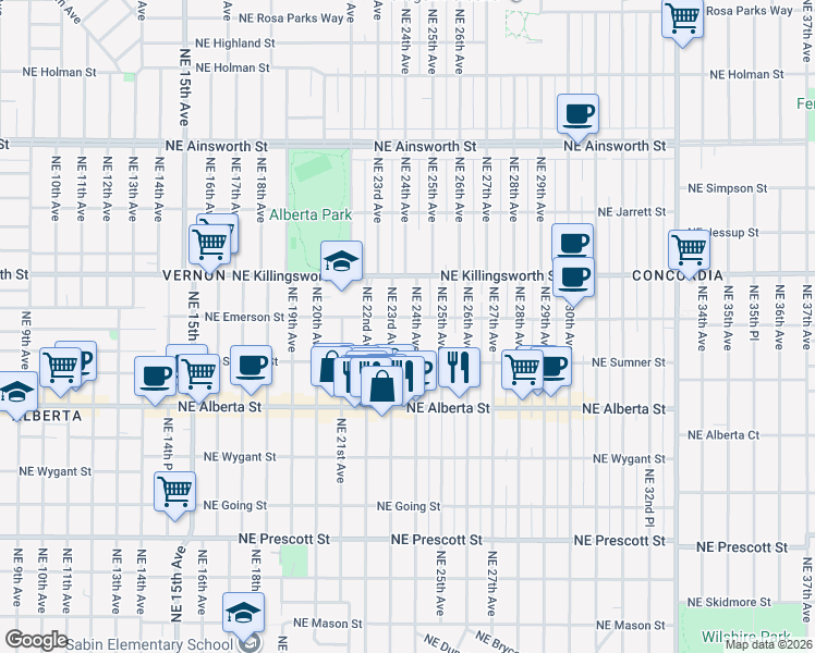 map of restaurants, bars, coffee shops, grocery stores, and more near 5246 Northeast 23rd Avenue in Portland