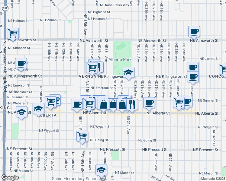 map of restaurants, bars, coffee shops, grocery stores, and more near 5245 Northeast 19th Avenue in Portland