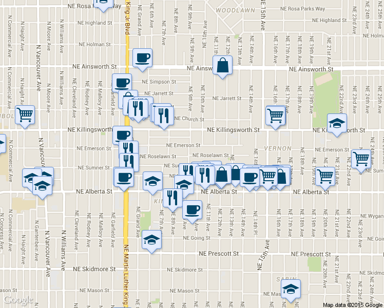 map of restaurants, bars, coffee shops, grocery stores, and more near 870 Northeast Roselawn Street in Portland