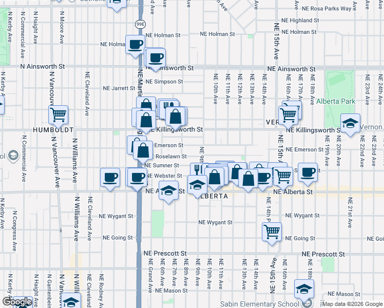 map of restaurants, bars, coffee shops, grocery stores, and more near 870 Northeast Roselawn Street in Portland
