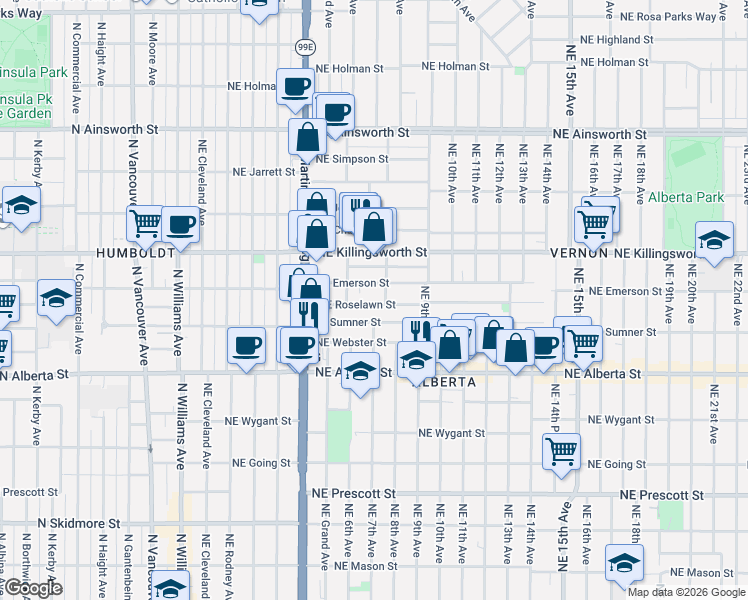 map of restaurants, bars, coffee shops, grocery stores, and more near 744 Northeast Roselawn Street in Portland