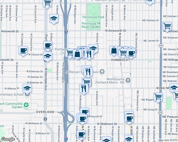 map of restaurants, bars, coffee shops, grocery stores, and more near 716 North Emerson Street in Portland