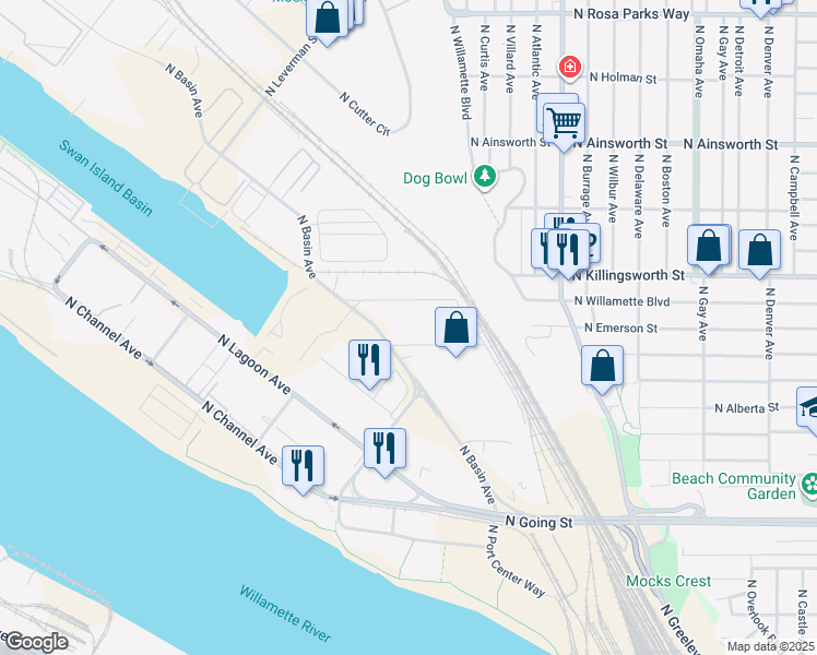 map of restaurants, bars, coffee shops, grocery stores, and more near 5220 North Basin Avenue in Portland