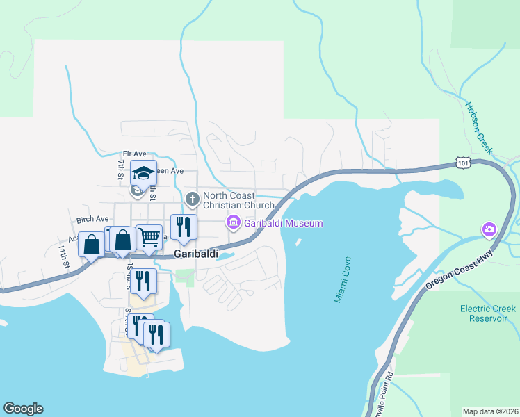 map of restaurants, bars, coffee shops, grocery stores, and more near 303 1st Street in Garibaldi