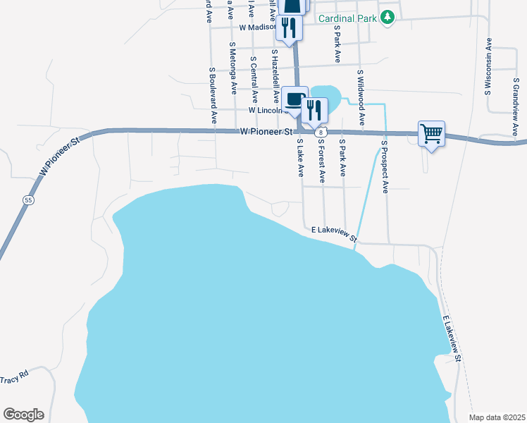 map of restaurants, bars, coffee shops, grocery stores, and more near 109 West Lakeview Street in Crandon