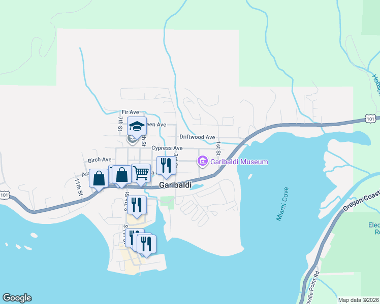 map of restaurants, bars, coffee shops, grocery stores, and more near 207 Cypress Avenue in Garibaldi