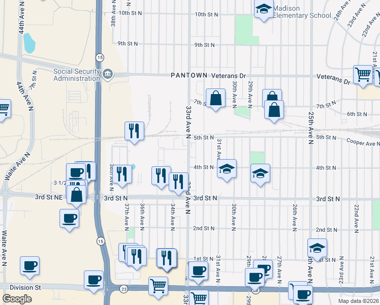 map of restaurants, bars, coffee shops, grocery stores, and more near 405 33rd Avenue North in St. Cloud