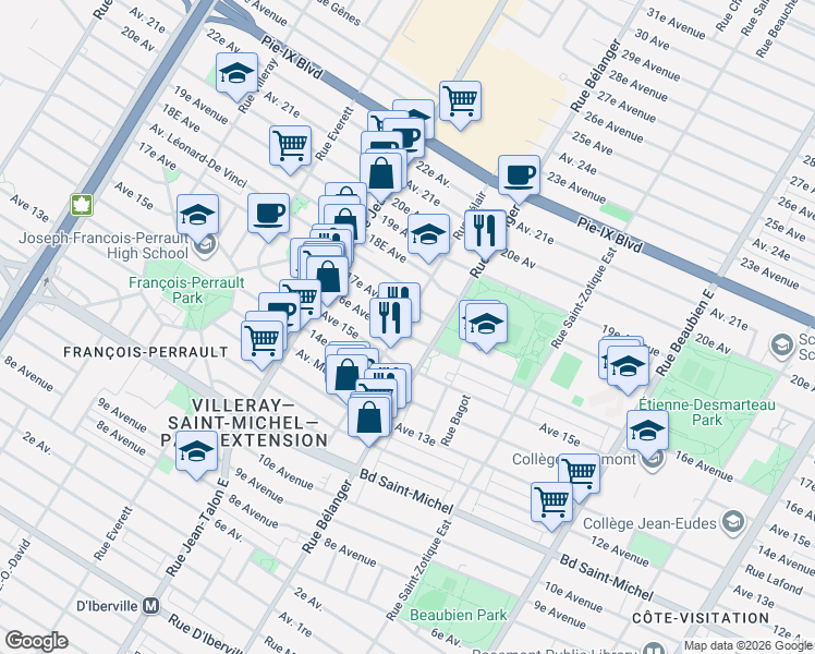 map of restaurants, bars, coffee shops, grocery stores, and more near 3656 Rue Bélair in Montréal