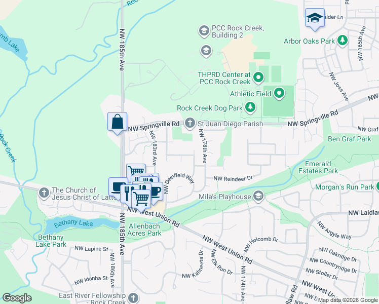 map of restaurants, bars, coffee shops, grocery stores, and more near 17926 Northwest Sylvania Lane in Portland