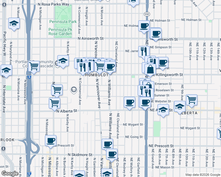 map of restaurants, bars, coffee shops, grocery stores, and more near 5205 North Vancouver Avenue in Portland