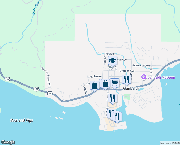 map of restaurants, bars, coffee shops, grocery stores, and more near 305 9th St in Garibaldi