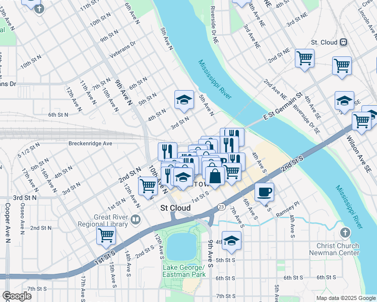 map of restaurants, bars, coffee shops, grocery stores, and more near 705 Courthouse Square in St. Cloud